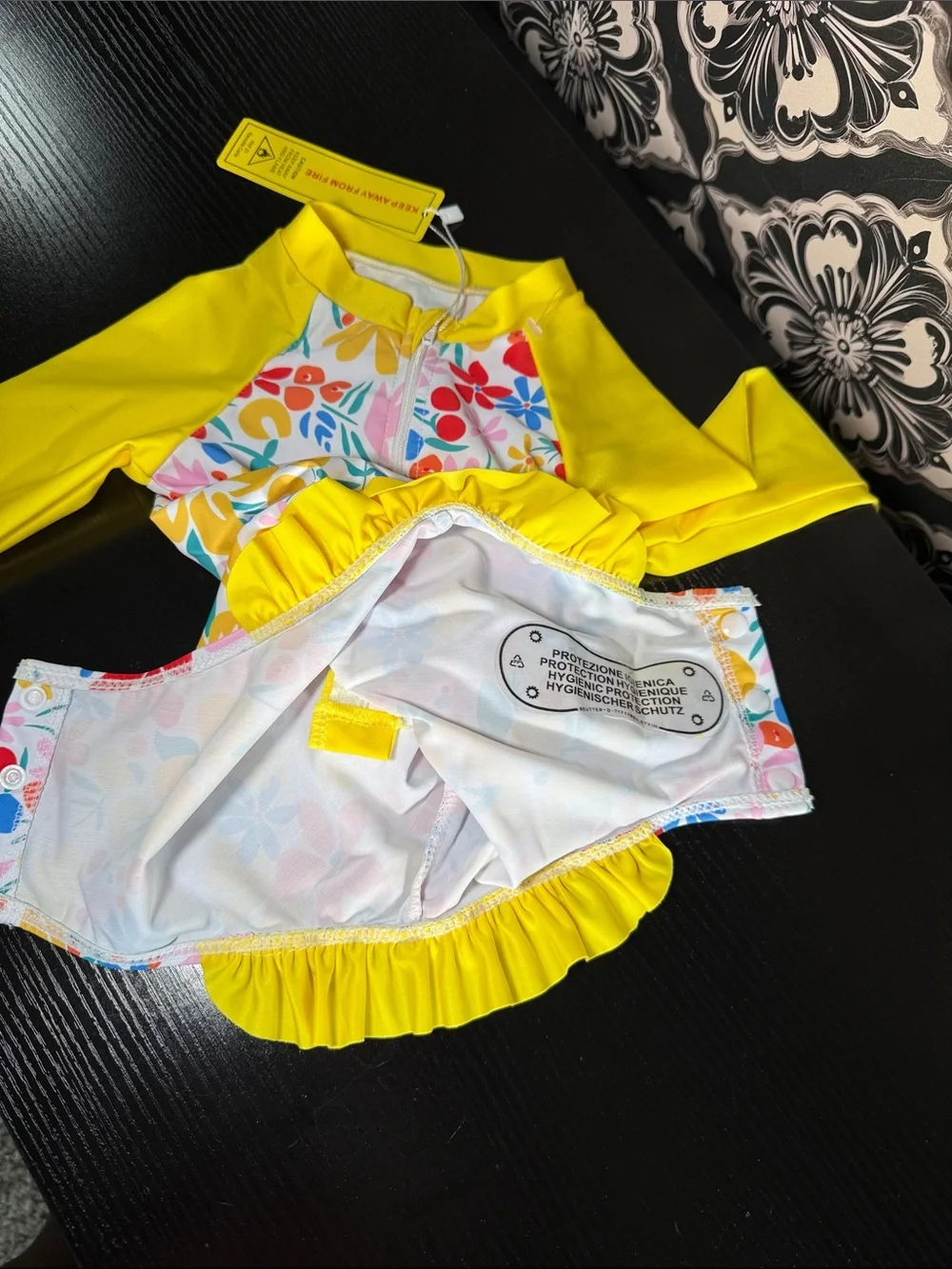 Girl’s Yellow Floral Long-Sleeve Rashguard One-Piece Swimsuit for Kids